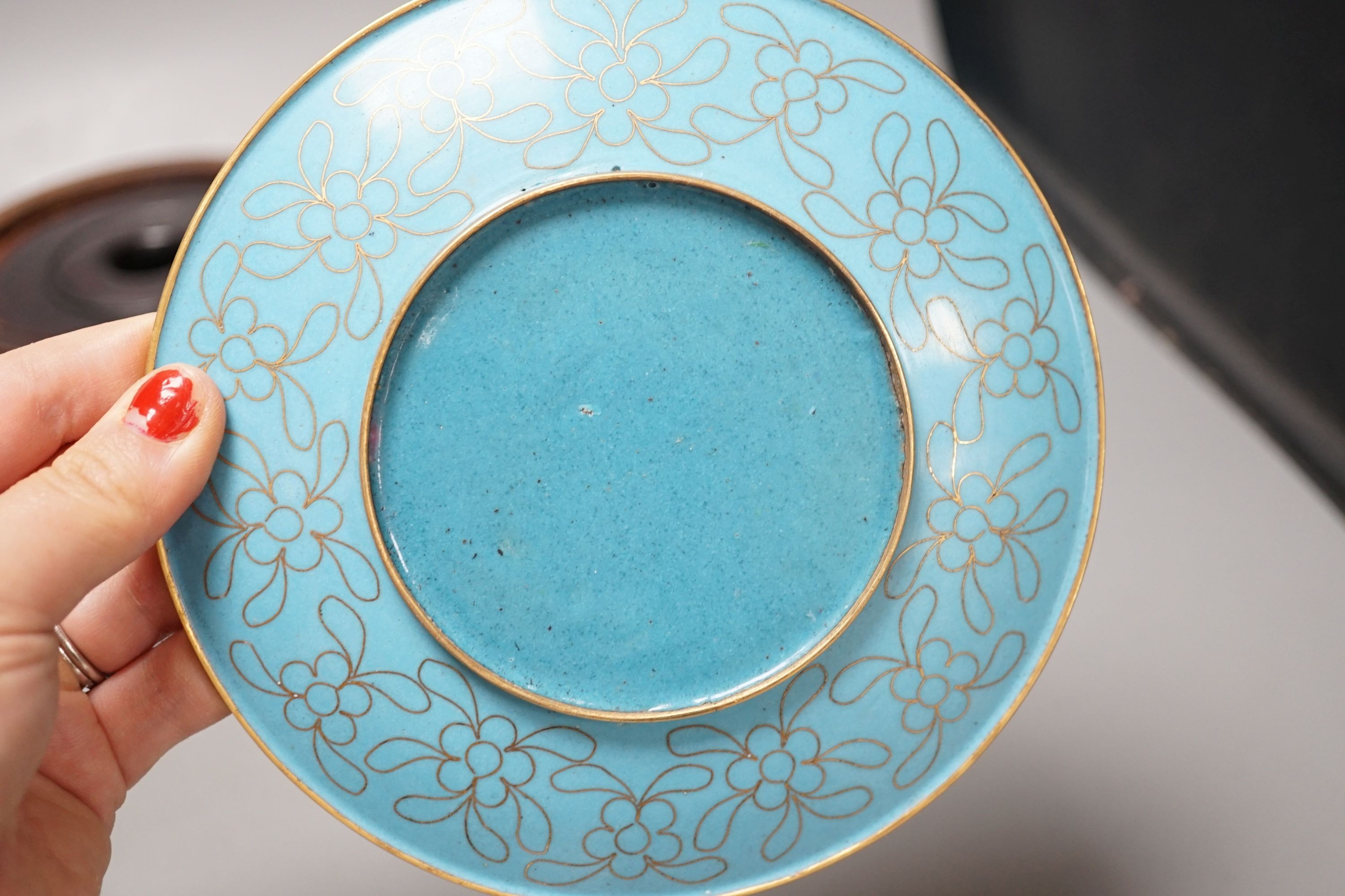 A Continental porcelain jam pot, 15cm tall, and cover with stand, together with 2 Chinese hardwood stands, enamelled plate and another (7)